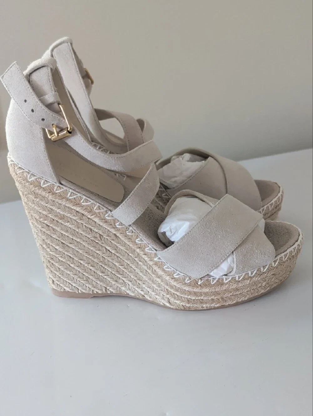 Club Monaco Neutral Suede Espadrille Wedges Size 8.5 NIB | Ankle Strap Sandals